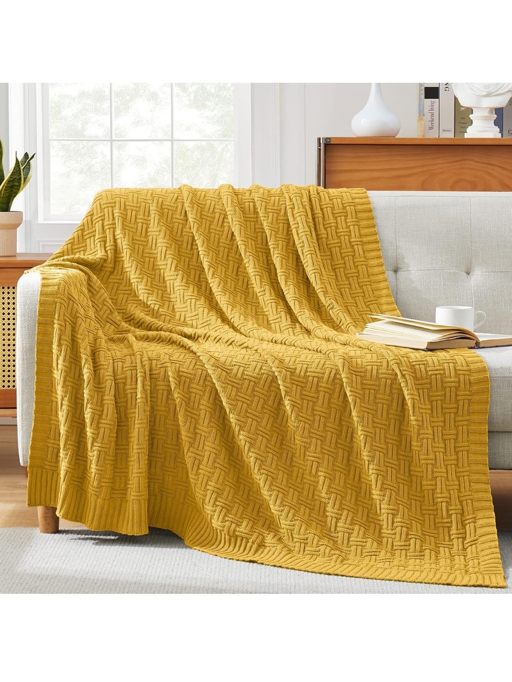 TREELY Mustard Yellow 100% Cotton Knit Throw Blanket 50” x 60” Textured